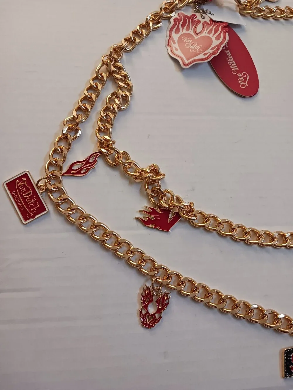 VON DUTCH Double Chain CHARM Belt Gold-tone Enamel Eyeball Flames Size S/M New